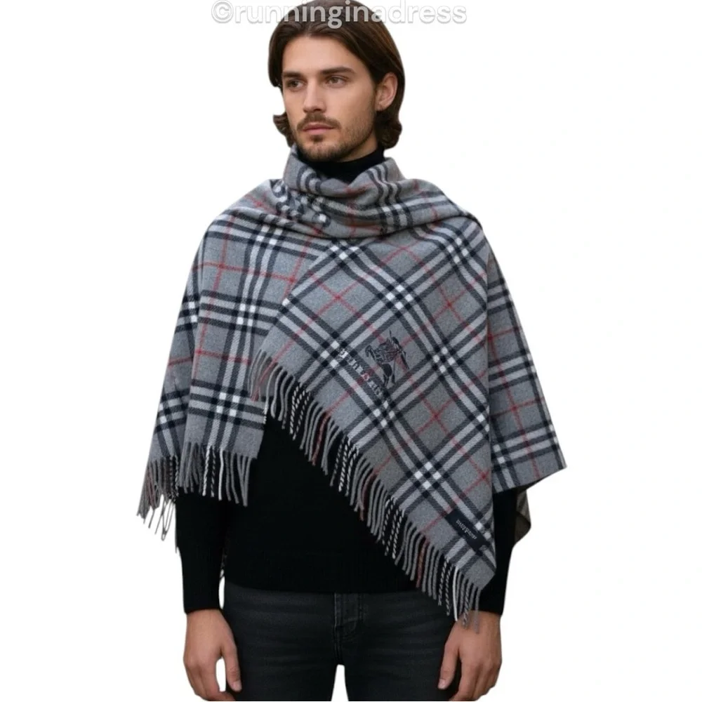 Vintage Burberry Nova Check Blanket Scarf Equestrian Knight Logo Grey Navy Blue